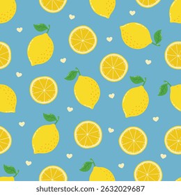 Mão Sem Costura Desenhado Limões Maduros E Corações Padrão Design Fundo Azul