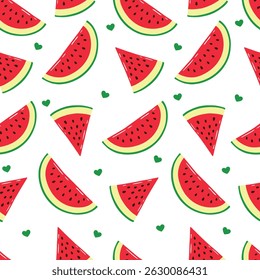 Seamless Hand Drawn Ripe Sliced Watermelon With Hearts Design Pattern White Background