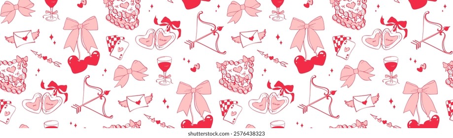 Seamless hand drawn romantic pattern in coquette style. Cherries tied in a bows, cake, cupid arrow, wine, envelope, heart locket. Vintage wallpaper, background for Valentine's day, wedding designs.