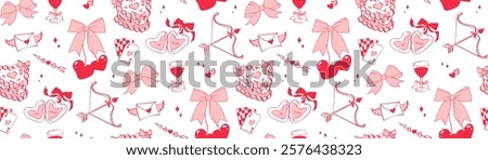 Seamless hand drawn romantic pattern in coquette style. Cherries tied in a bows, cake, cupid arrow, wine, envelope, heart locket. Vintage wallpaper, background for Valentine's day, wedding designs.