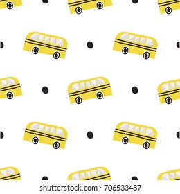 seamless hand drawn school bus with black dot pattern on white background