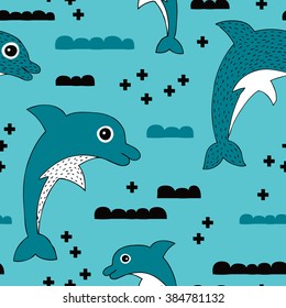 Seamless hand drawn sea life theme dolphin fish geometric ocean background pattern in vector aqua blue
