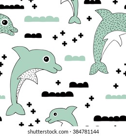 Seamless hand drawn sea life theme dolphin fish geometric ocean background pattern in vector pastel mint white