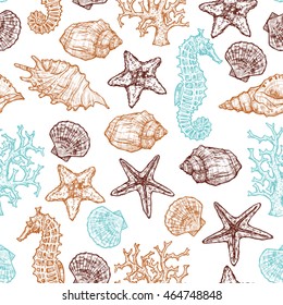 Seamless Hand Drawn Sea Pattern With Shells, Sea Horse, Starfish And Corals. Summer Background