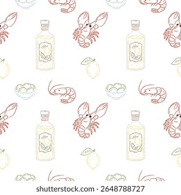 Padrão de frutos do mar desenhado à mão sem costura com lagosta, camarão, limão, azeitonas, limoncello no estilo de esboço vintage. Vetor fundo para tecido de cozinha, embalagem, restaurante, menu, papel de parede, embalagem.
