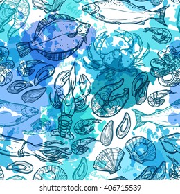 Seamless Hand Drawn Seafood Pattern With Blue Watercolor Texture