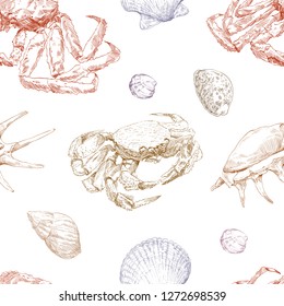 Seamless hand drawn seashells and crabs pattern backgrounds. Marine theme wallpaper. Vector illustration.