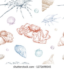 Seamless hand drawn seashells and crabs pattern backgrounds. Marine theme wallpaper. Vector illustration.