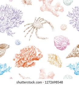 Seamless hand drawn seashells and crabs pattern backgrounds. Marine theme wallpaper. Vector illustration.