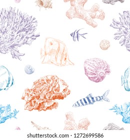 Seamless hand drawn seashells, fish, crabs, corals pattern backgrounds. Marine theme wallpaper. Vector illustration.