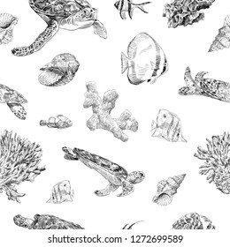 Seamless hand drawn seashells, fish, crabs, corals pattern backgrounds. Marine theme wallpaper. Vector illustration.