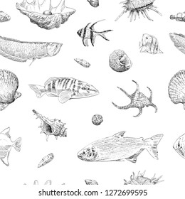 Seamless hand drawn seashells, fish, crabs, corals pattern backgrounds. Marine theme wallpaper. Vector illustration.