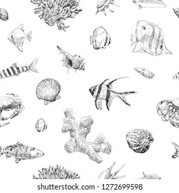 Seamless hand drawn seashells, fish, crabs, corals pattern backgrounds. Marine theme wallpaper. Vector illustration.