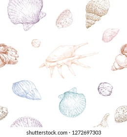 Seamless hand drawn seashells pattern backgrounds. Marine theme wallpaper. Vector illustration.