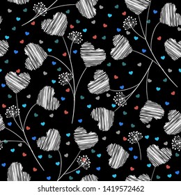  Seamless hand drawn sketch heart pattern illustration. Black and white line with small colorful mini heart,Design for fashion ,fabric,web,wallpaper,and  all prints on black