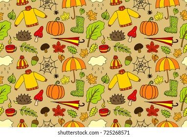 seamless hand drawn sketch pattern of vector doodle cartoon set of objects and symbols on the autumn.