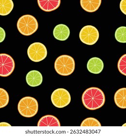 Motif harmonieux de citron et de citron vert orange coupé en tranches dessiné à la main Design Arrière-plan noir