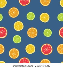 Motif harmonieux de citron et de lime en tranches de pamplemousse dessiné à la main Design Arrière-plan bleu