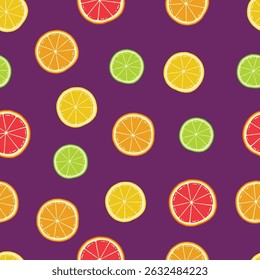 Motif harmonieux de citron et de citron vert orange coupé en tranches dessiné à la main Design Arrière-plan violet