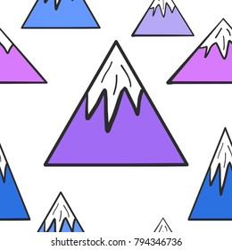 Seamless hand drawn snow capped mountain peak background in colors of white, purple and blue