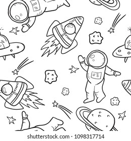 Seamless hand drawn space pattern  . Space background.Vector  Space doodle illustration with cartoon space rockets, planets, stars.   Prints for T-shirts, textiles, clothes, sports, and more