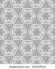 Seamless hand drawn star shape pattern, geometric, lines and dots, black and white tribal Navajo, Aztec geometric print, ethnic hipster backdrop, texture, lines and dots