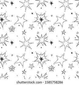 Seamless hand drawn stars pattern. Doodle star, sketch night sky. Starry xmas wrapping, textile ornament or childrens room wallpaper vector illustration