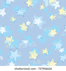 Seamless Hand Drawn Stars Pattern / Childlike sketch style / Blue Background / Global colors saved with Pattern Swatches