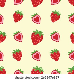 Seamless Hand Drawn Strawberries And Hearts Pattern Design Cream Background