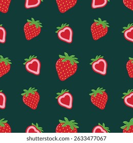 Seamless Hand Drawn Strawberries And Hearts Pattern Design Green Background