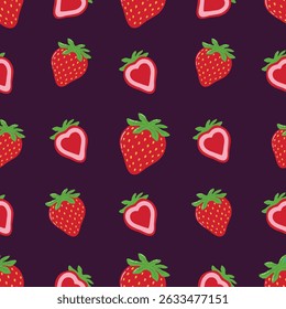 Seamless Hand Drawn Strawberries And Hearts Pattern Design Purple Background