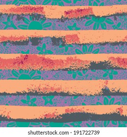 Seamless Hand Drawn Stripes with Freehand Flowers Background Pattern