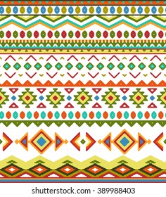 Seamless hand drawn stripes pattern with aztec ethnic and tribal ornament. Vector bright boho fashion illustration.