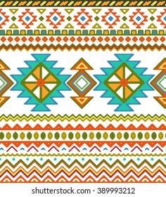 Seamless hand drawn stripes pattern with aztec ethnic and tribal ornament. Vector bright boho fashion illustration.