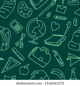 Seamless hand drawn student stuff, back to school theme background, green theme. Vector illustration Eps 10.