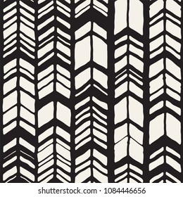 Seamless Hand Drawn Style Chevron Pattern In Black And White. Abstract Vector Grungy Background