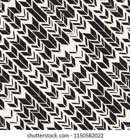 Seamless hand drawn style chevron pattern in black and white. Abstract vector grungy background