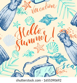 Seamless hand drawn summer background with lettering Hello summer, flippers and swimmong mask