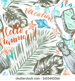 Seamless hand drawn summer background with lettering Hello summer, flippers and swimmong mask