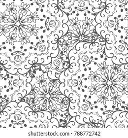 Seamless hand drawn summer doodle round pattern. Monochrome curly design element for your artwork and coloring