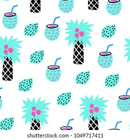 Seamless hand drawn summer pattern. Vector colorful background with different elements. Design for prints, shirts and posters.