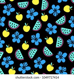Seamless hand drawn summer pattern. Vector colorful background with different elements. Design for prints, shirts and posters.
