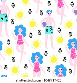 Seamless hand drawn summer pattern. Vector colorful background with different elements. Design for prints, shirts and posters.