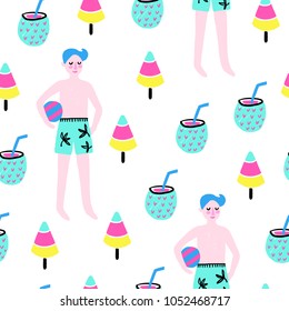 Seamless hand drawn summer pattern. Vector colorful background with different elements. Design for prints, shirts and posters.