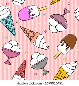 Seamless hand drawn summer pattern. Cute background with ice cream in a cone, a bowl and popsicle. The vector illustration on the theme of summer, sun, heat and relaxation.