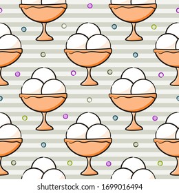 Seamless hand drawn summer pattern. Cute background with ice cream in a a bowl. The vector illustration on the theme of summer, sun, heat and relaxation.