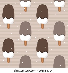 Seamless hand drawn summer pattern with popsicle. Cute background of ice cream covered with chocolate. The vector illustration on the theme of summer, sun, heat and relaxation.