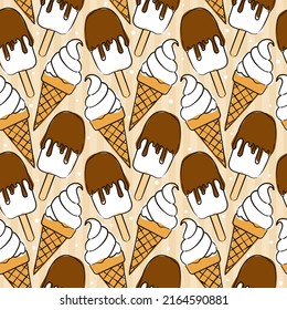 Seamless hand drawn summer pattern with ice cream. Cute background of popsicle and waffle cones. The vector illustration on the theme of summer, sun, heat and relaxation.
