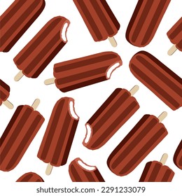 Seamless hand drawn summer pattern with ice cream. Eskimo with black chocolate on stick.