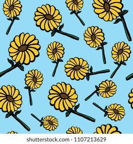Seamless hand drawn sun flowers pattern background. Cute floral trendy vector illustration.